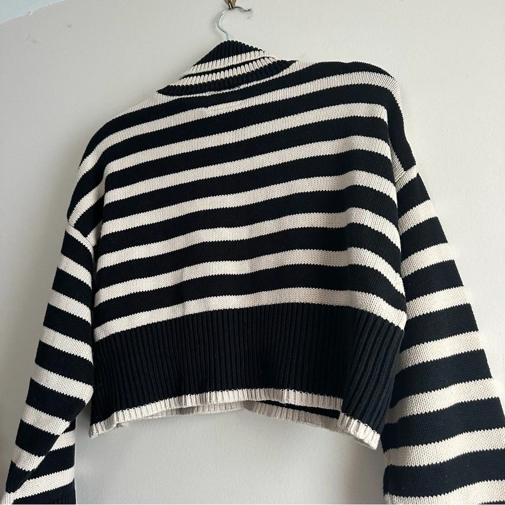 Denimist Cropped Sailor Stripe Turtleneck Sweater in Black/Tan - Picture 9 of 11